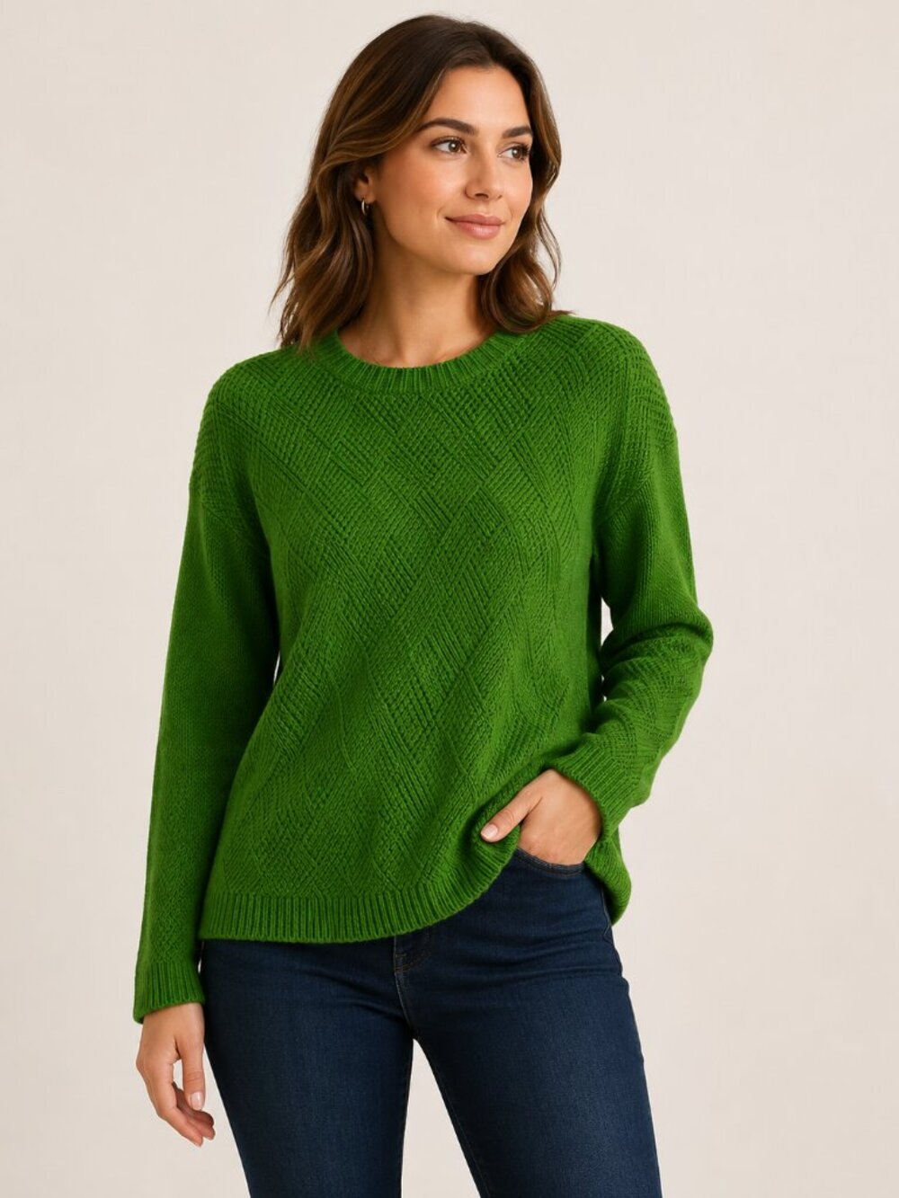 Cabi Green Textured Knit Sweater Medium Cotton Blend Long Sleeve Crew Neck Pullo
